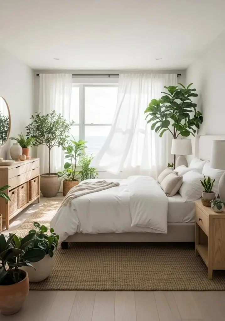 Coastal bedroom with indoor plants adding freshness and natural vibes.