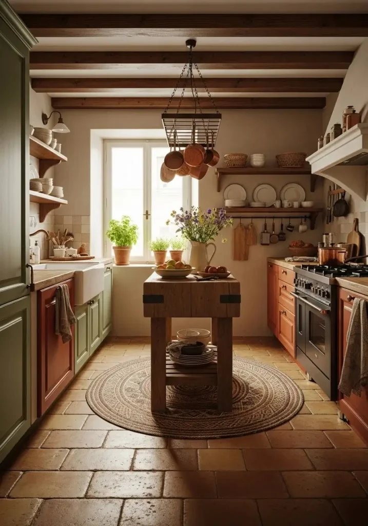 Kitchen with terracotta tile floor adding warmth and cozy rustic charm to the space