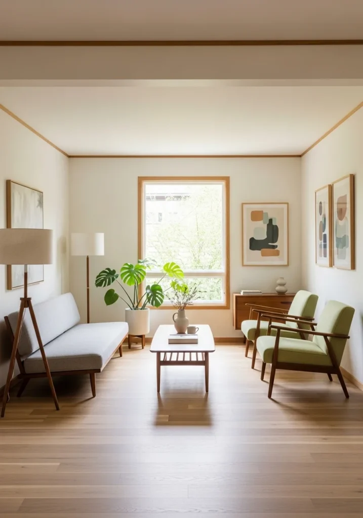 Mid century furniture with tapered legs creating an open and airy living room
