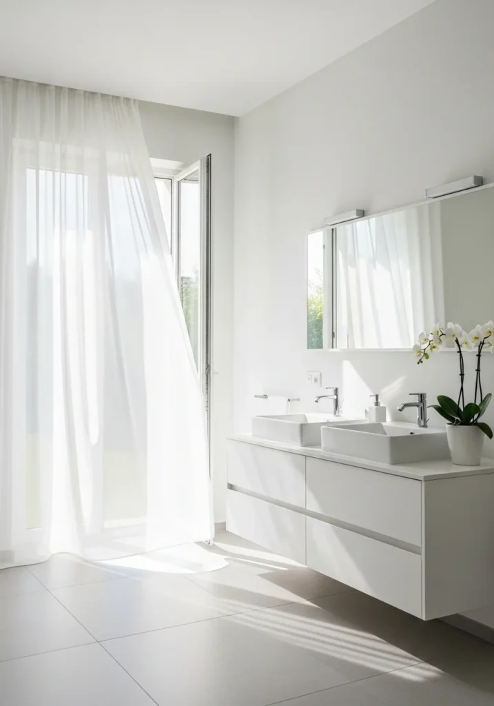 white bathroom with sheer curtains creating a soft airy and light filled space