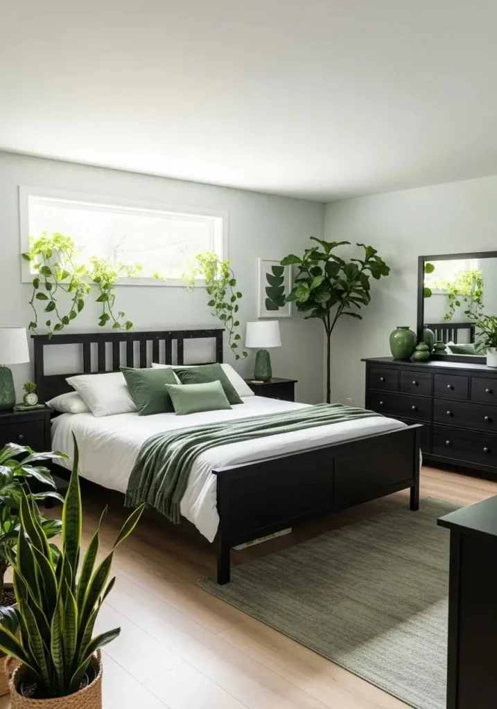black furniture bedroom with plants cozy natural bedroom ideas