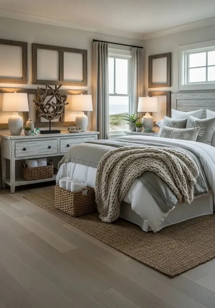 Beach bedroom with driftwood decor creating a natural coastal feel.