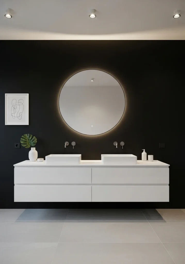 matte black accent wall in white bathroom adding depth and style