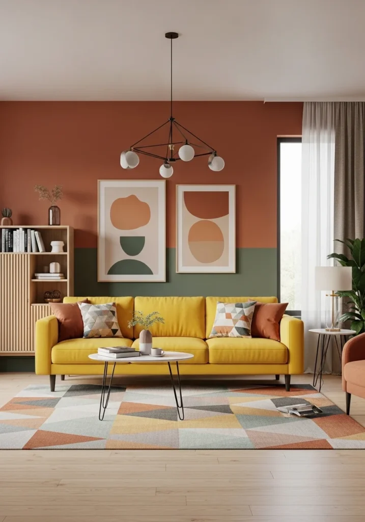 Yellow couch living room with statement rug and modern geometric floor decor styling