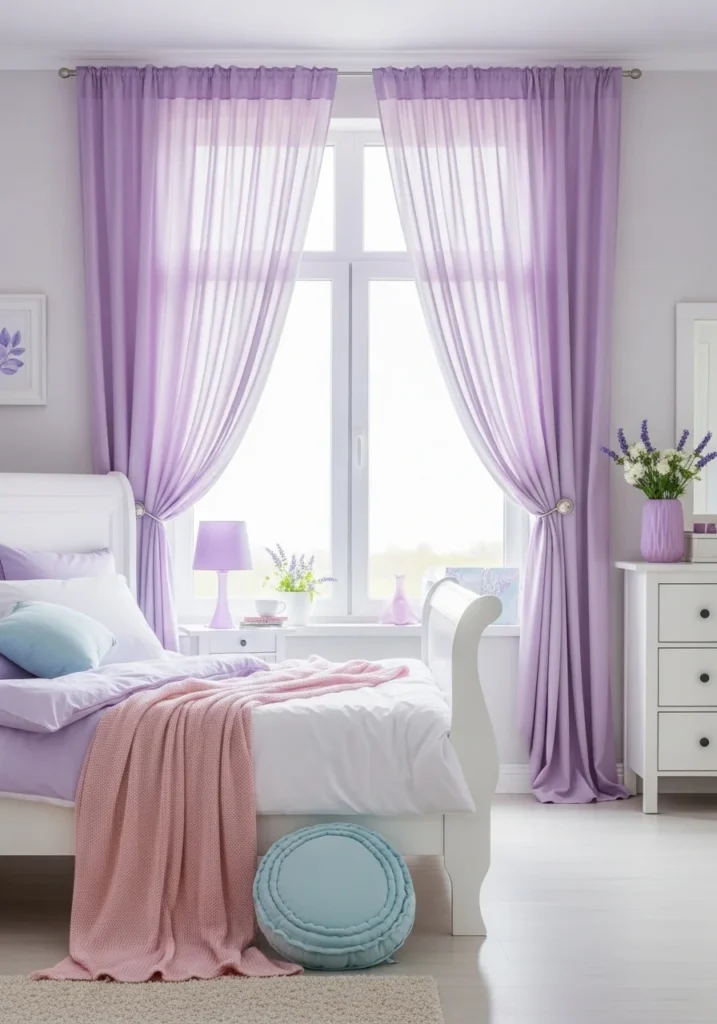 Bedroom with lavender curtains, white furniture, soft bedding, airy light, pastel d&eacute;cor elements