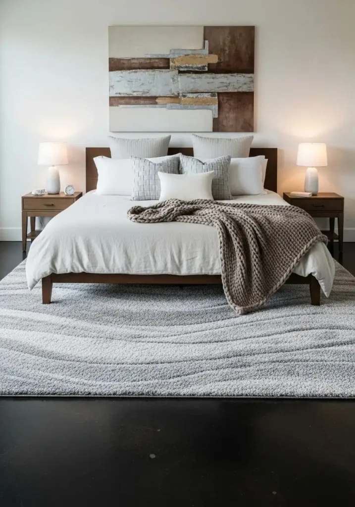 Silver rug on dark flooring adding contrast and comfort to bedroom