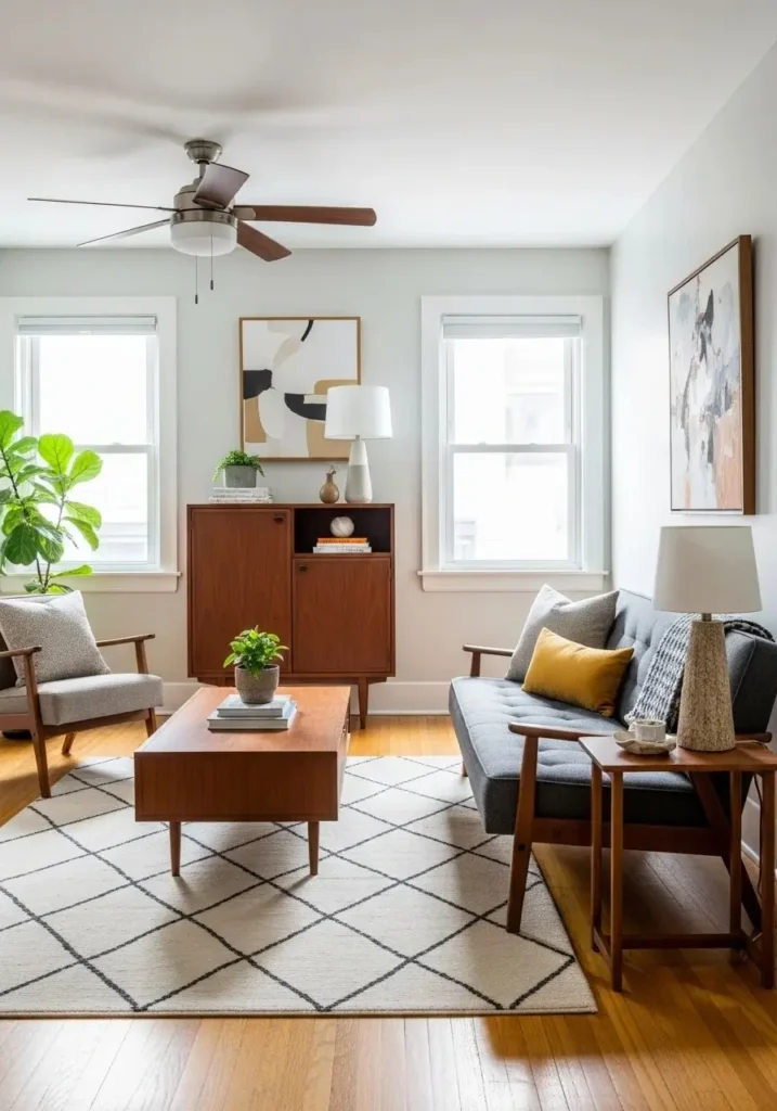 Contrast of light and dark tones in a mid century modern living room