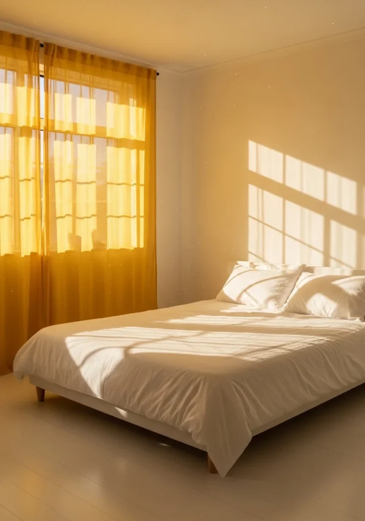 Yellow curtains creating a soft sunlit glow in a peaceful bedroom.