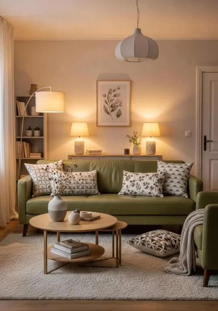 green leather couch with patterned pillows stylish cozy decor