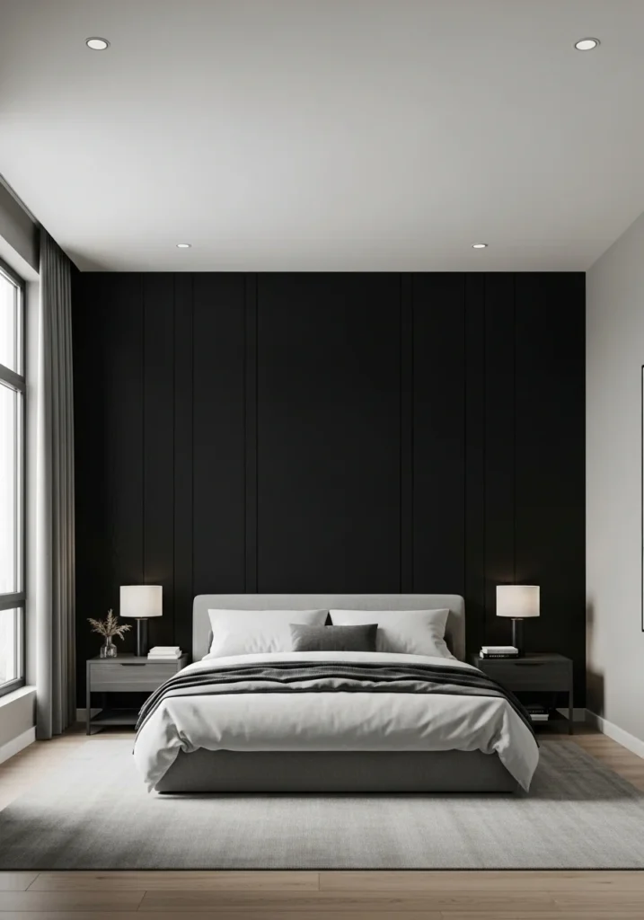 Black and brown accent wall adding depth and texture to bedroom design