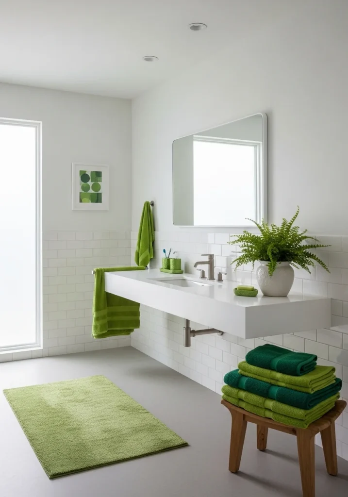 Subtle green bathroom accessories bringing color and personality to a neutral space.