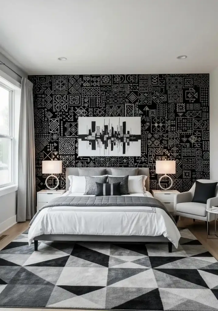 Black and silver accent wall adding modern style and contrast to bedroom