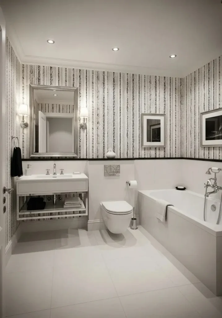 black and white bathroom wallpaper creating a timeless and high contrast look