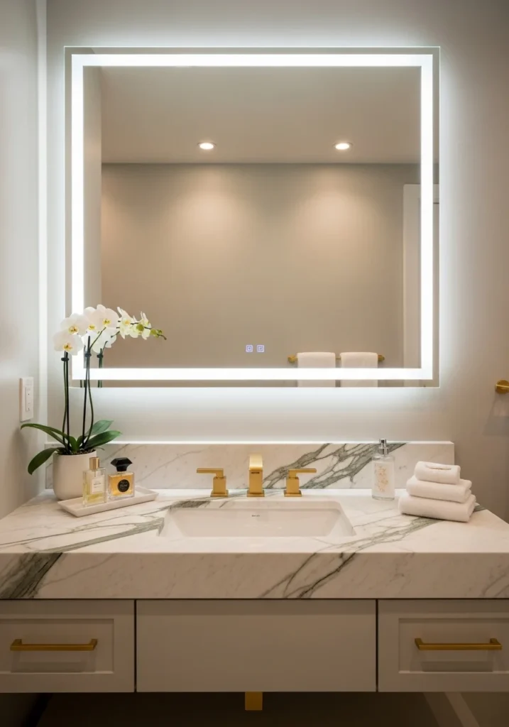 Elegant bathroom marble with green veins paired with gold fixtures for a luxurious feel.
