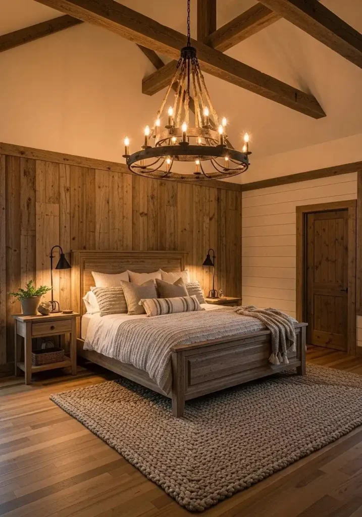 Rustic wooden chandelier adding warmth to bedroom decor