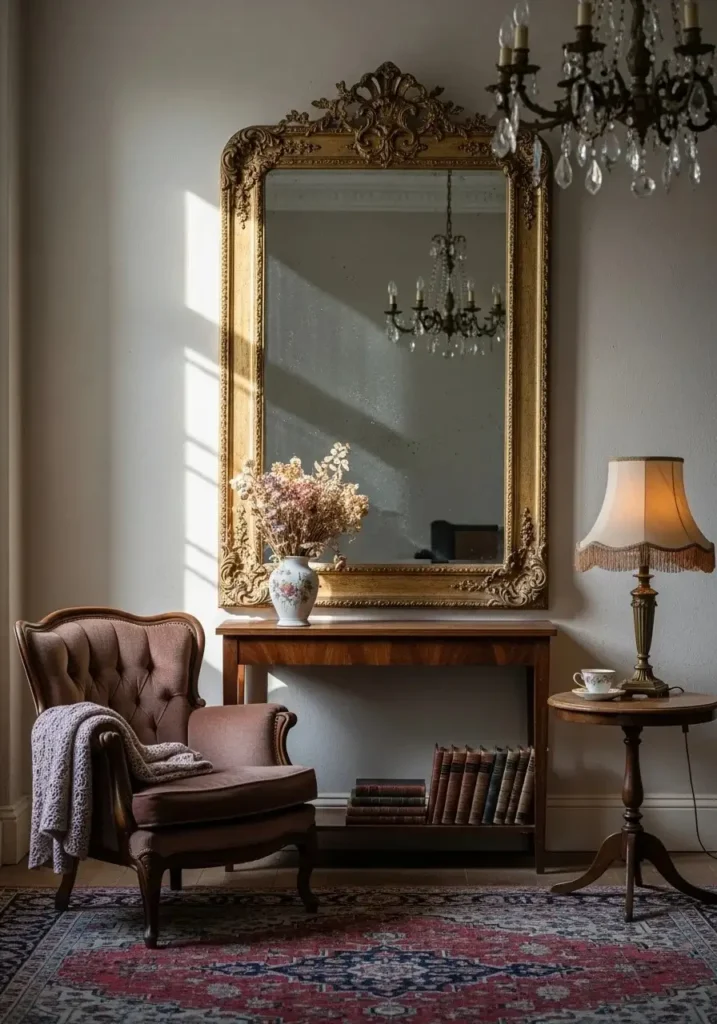 Vintage mirror adding elegance and light to living room