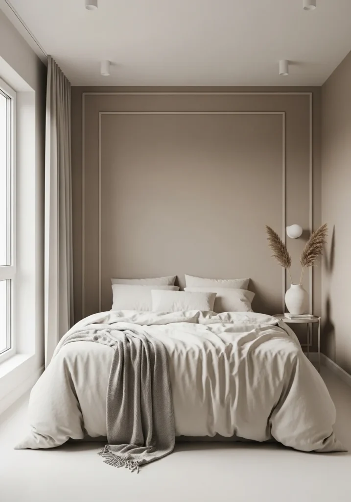 Minimal taupe and cream bedroom with soft neutral tones and clean styling