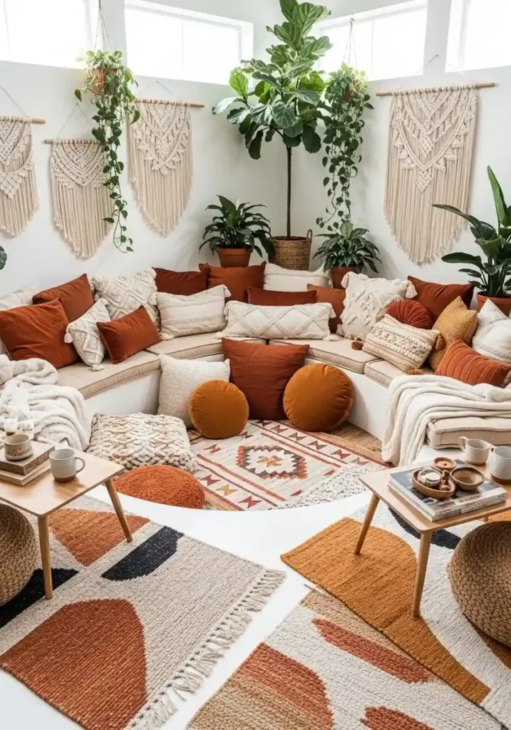 Boho-style sunken living room with cushions, rugs, and earthy textures.
