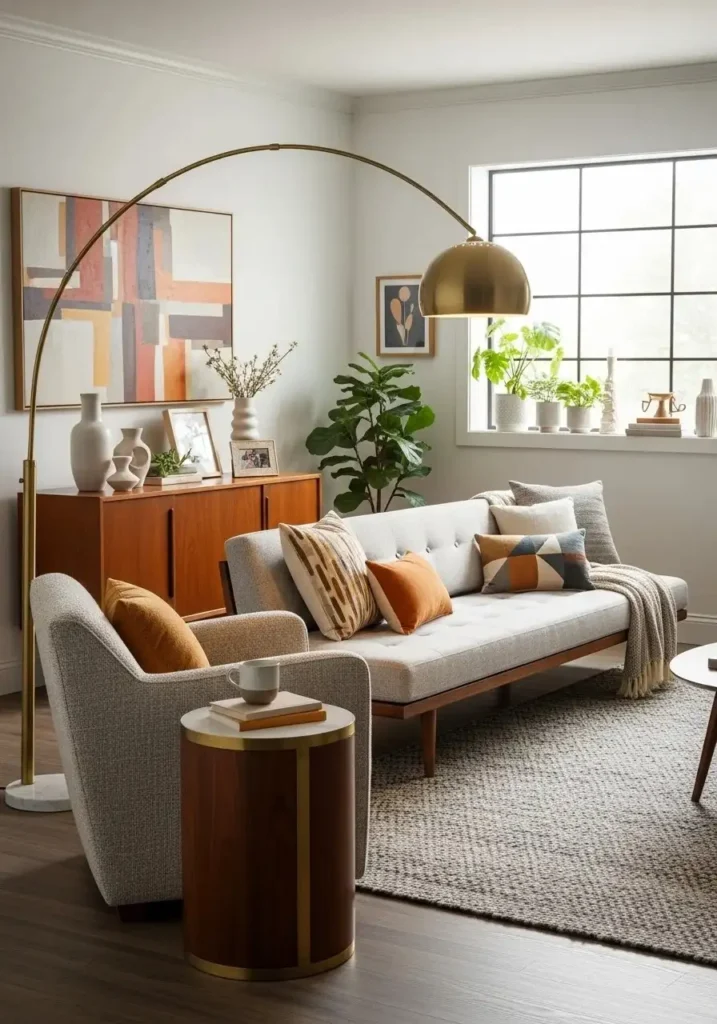 Statement floor lamp in a mid century modern living room corner