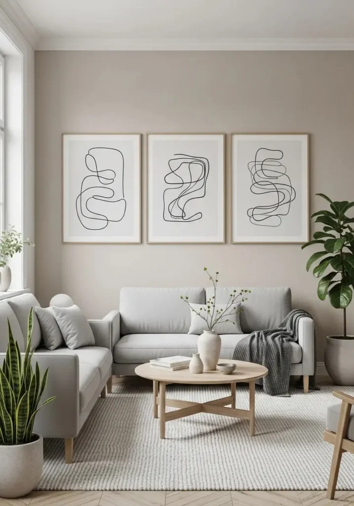 Neutral wall art in Scandinavian living room