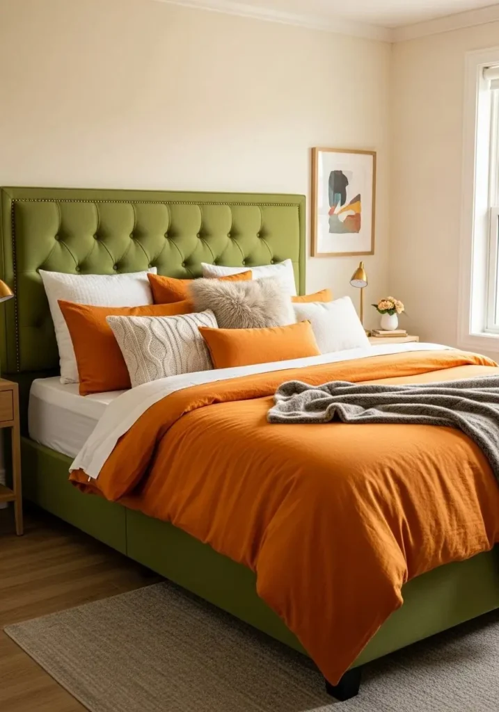 Green upholstered headboard with orange bedding, cream walls, and plush pillows for a cozy bedroom.