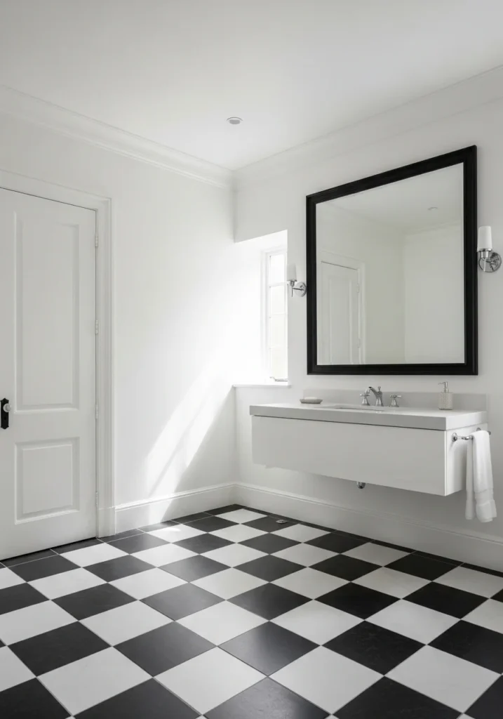 black and white bathroom checkerboard floor tiles with clean modern design