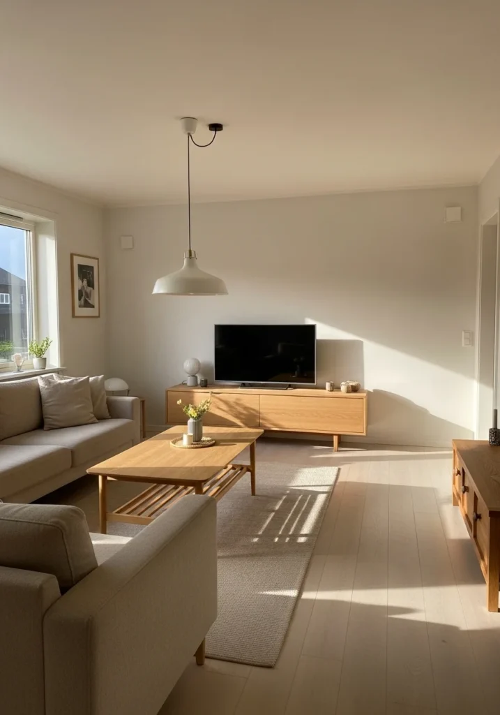 Light wood furniture in Scandinavian living room design