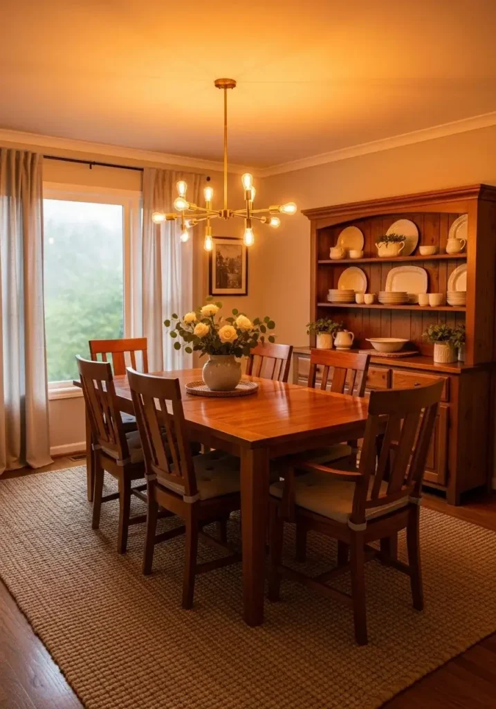 Dining room with soft warm glow lighting creating comfortable inviting space
