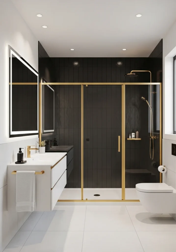 Gold framed glass shower with black tile background