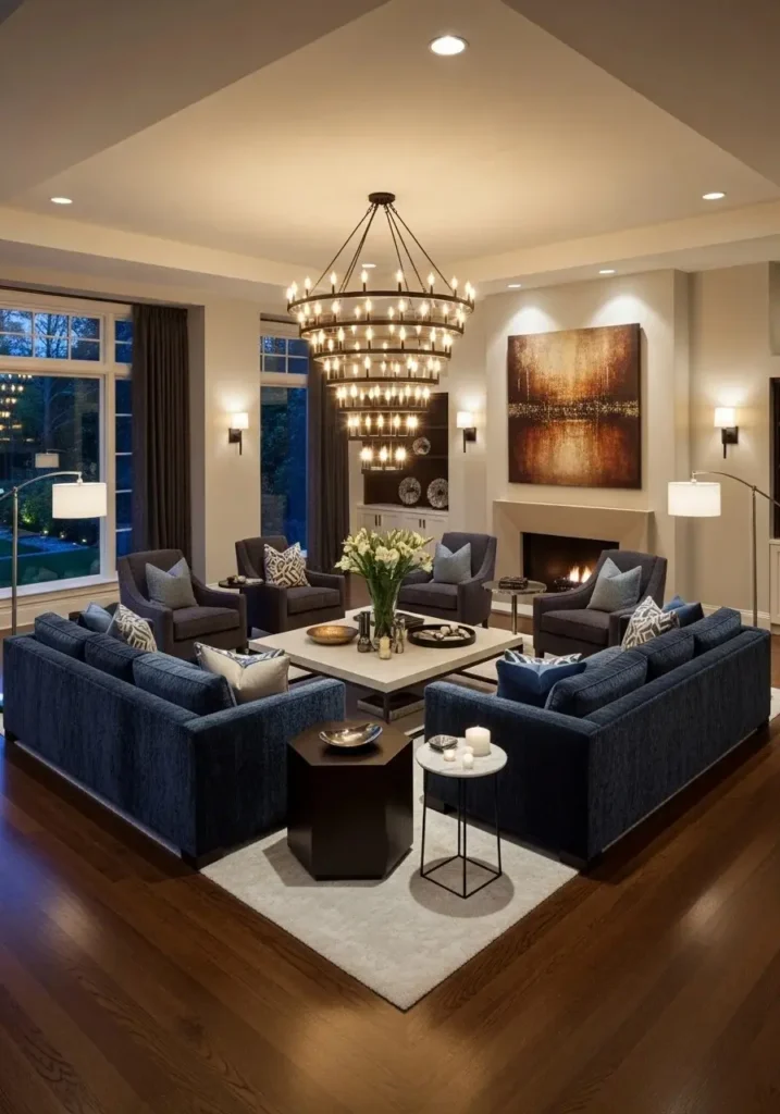 Sunken living room with statement lighting highlighting the lowered space.