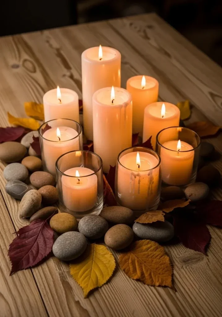 Candles with natural elements creating a calm table centerpiece