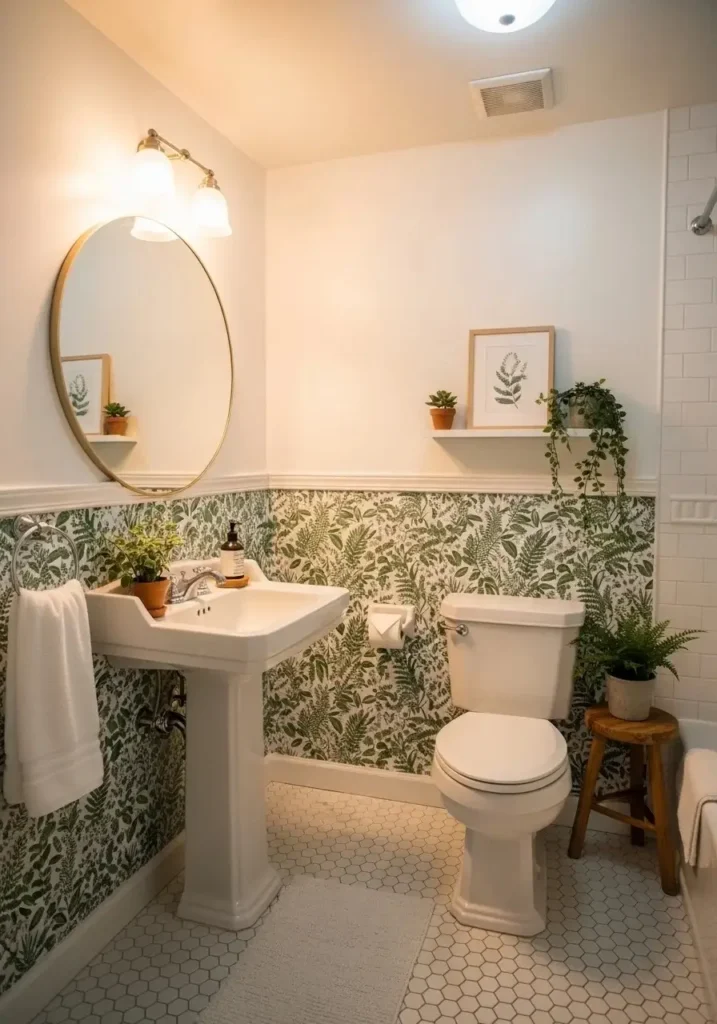 Green patterned wallpaper adding personality and charm to a modern bathroom.