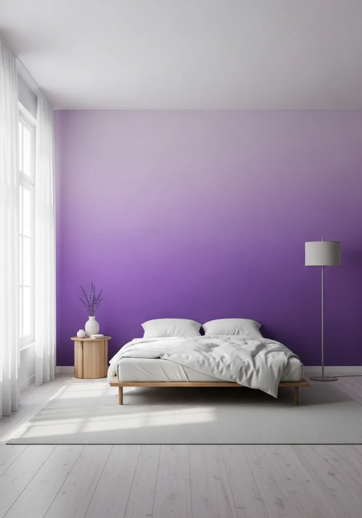 Purple ombre walls in bedroom transitioning from dark violet to lilac, paired with minimalist furniture for a stylish look