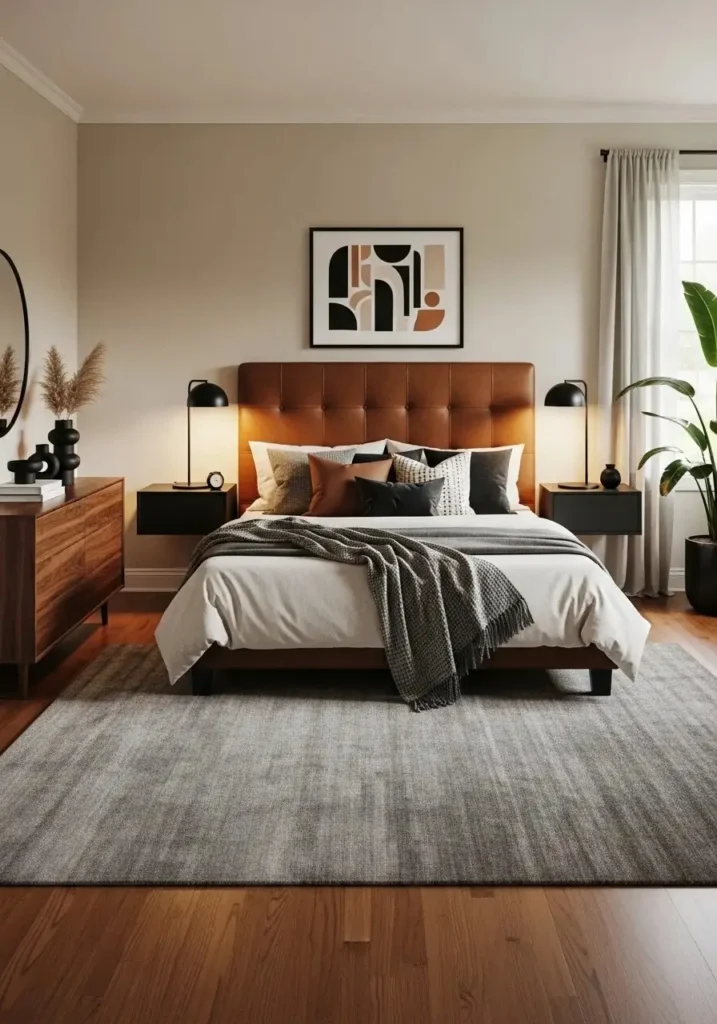Brown leather headboard with black decor adding warmth and contrast