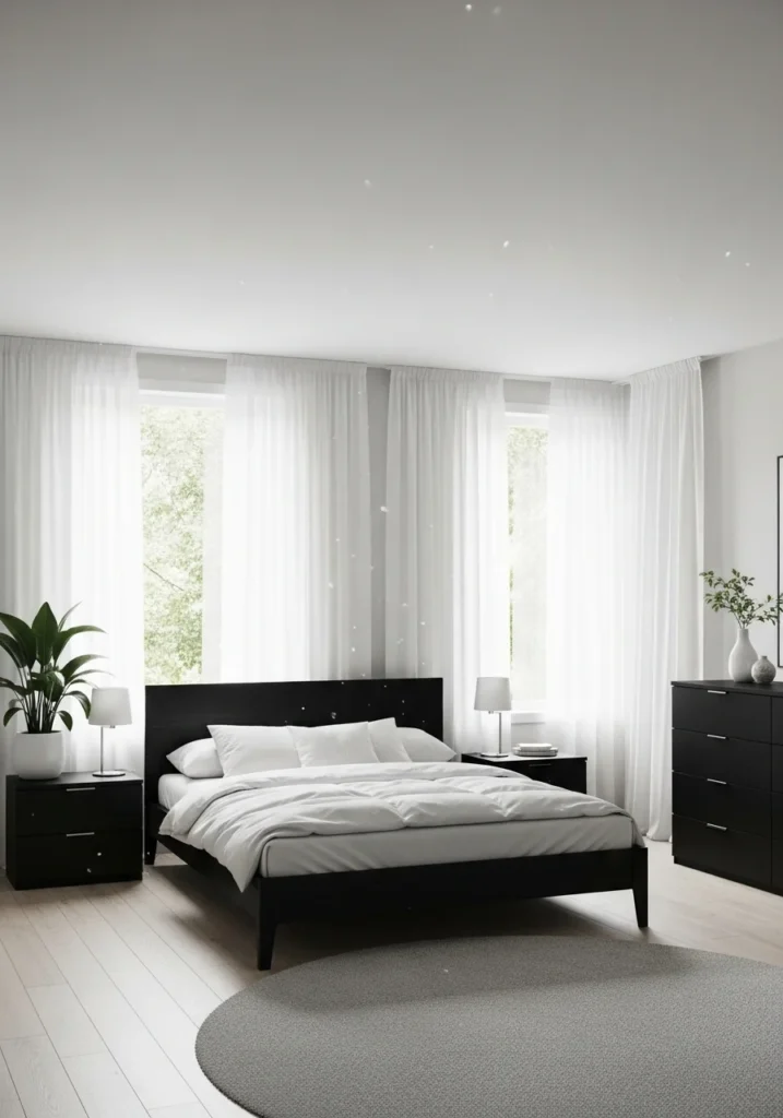 black furniture with sheer curtains bright airy bedroom ideas