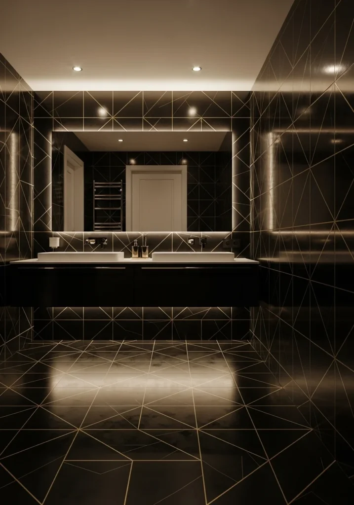 Black tiles with gold grout pattern bathroom design