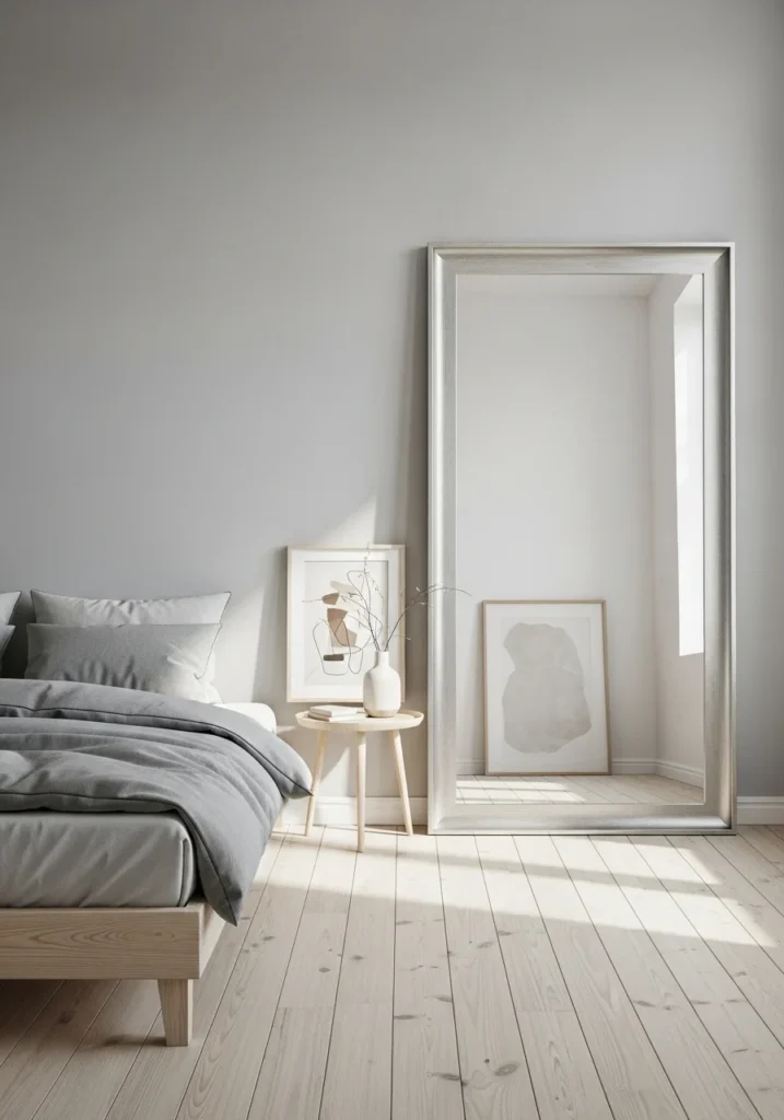 Silver statement mirror making bedroom feel brighter and more spacious