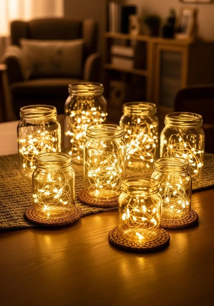 Glass jars with fairy lights creating a cozy table centerpiece