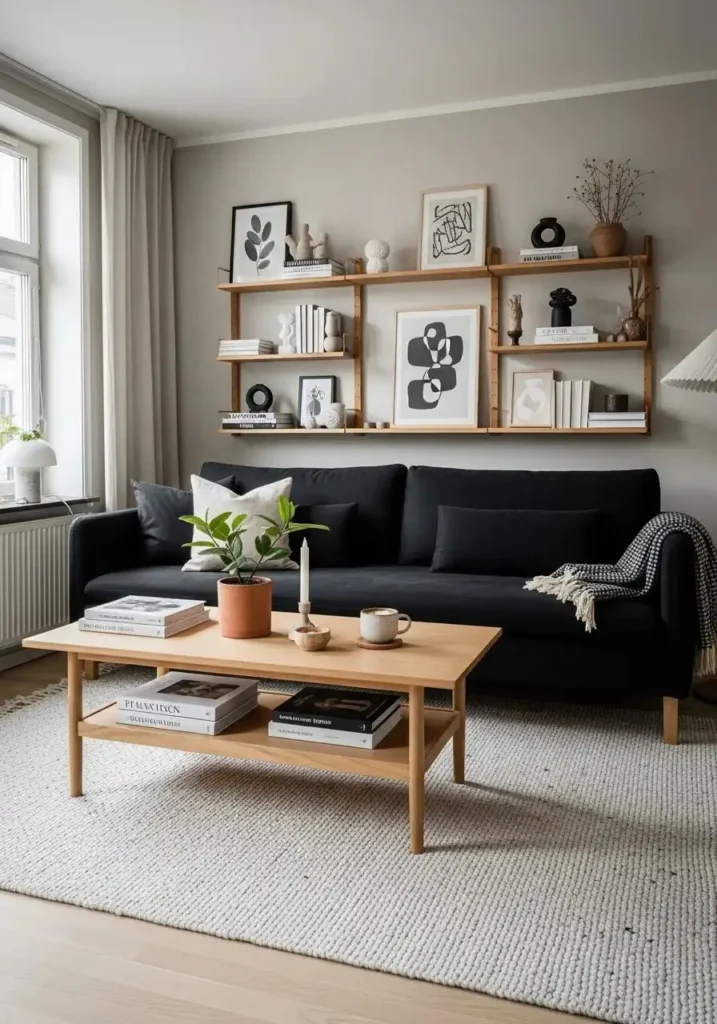 Black couch paired with warm wooden furniture creating a natural and cozy living room