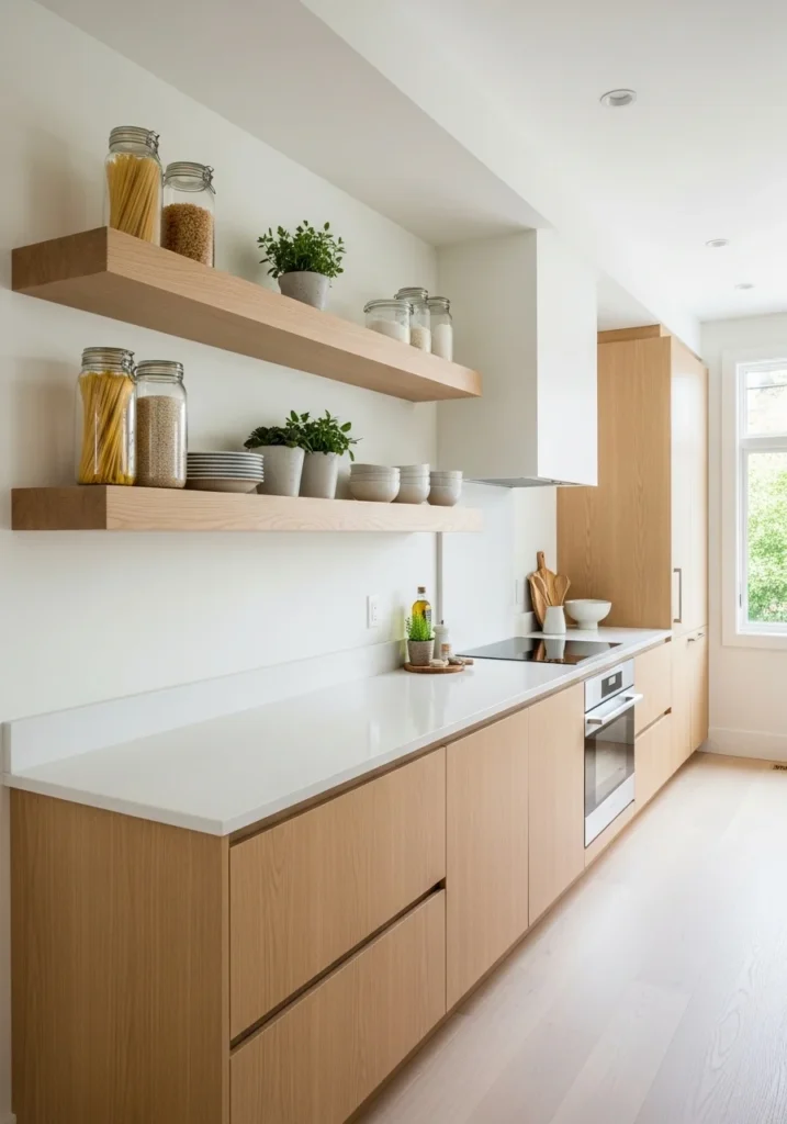 Galley kitchen with floating shelves displaying kitchen essentials while keeping space open and light
