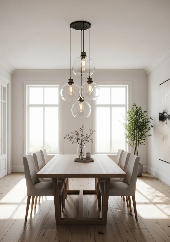 Dining room with glass pendant lights creating light and airy elegance