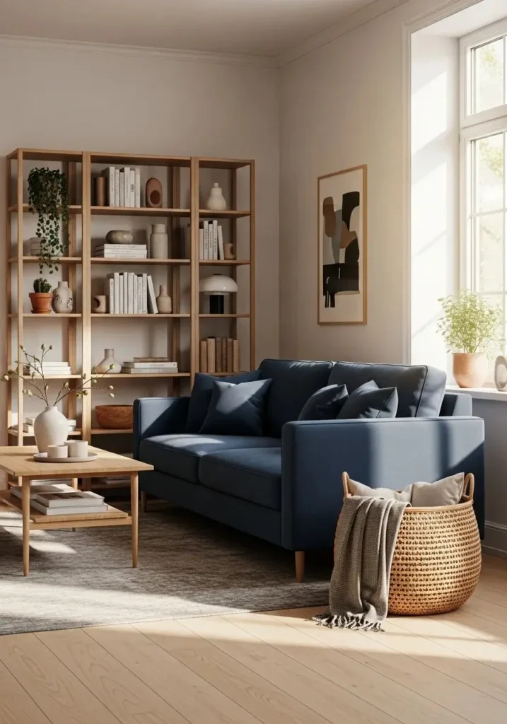 Blue couch living room with natural wood coffee table, oak shelves, and warm cozy Scandinavian decor style