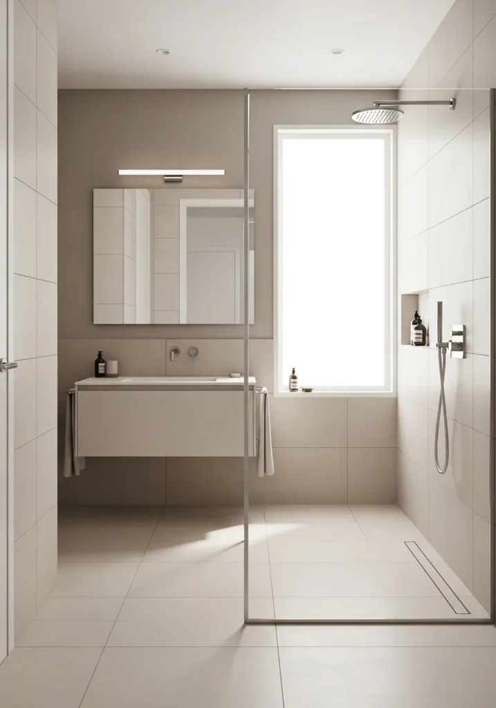 Walk-in shower with seamless glass and neutral tiles creating a bright spa-like bathroom