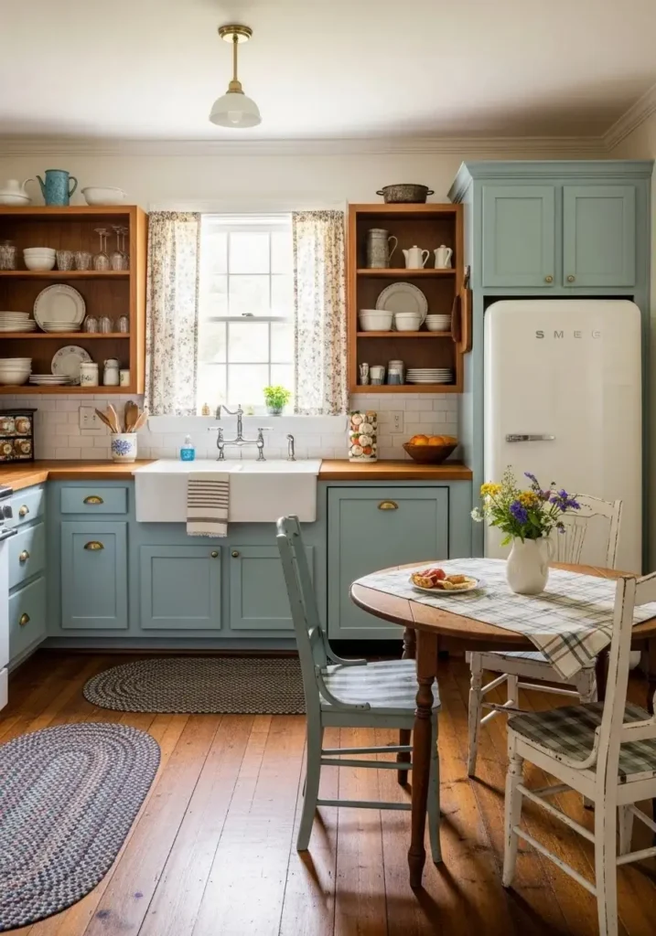 pale blue kitchen cabinets in a vintage style kitchen with warm cozy details