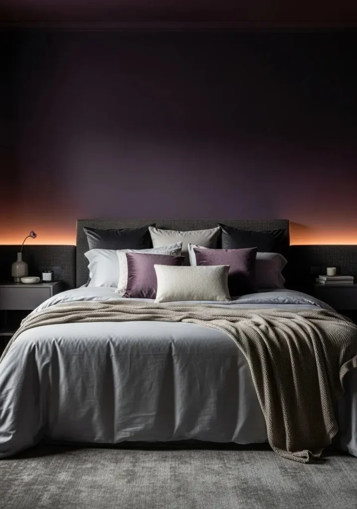 Deep violet walls paired with light bedding and velvet pillows for a cozy, luxurious bedroom look