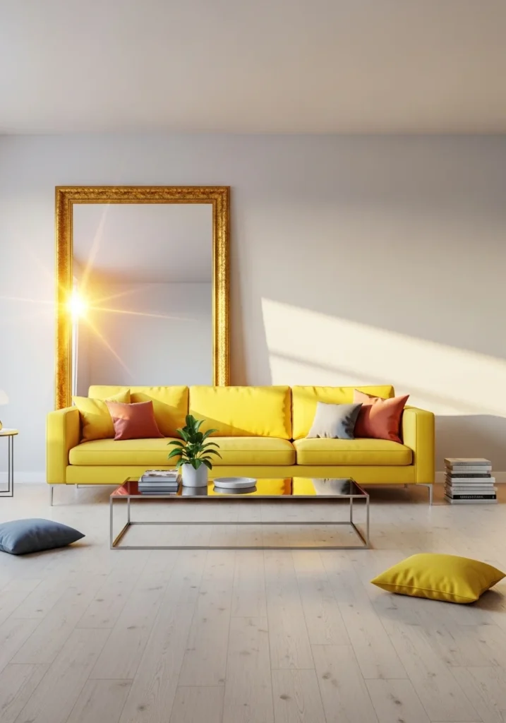 Yellow couch living room with glass table and mirrors creating bright airy modern space