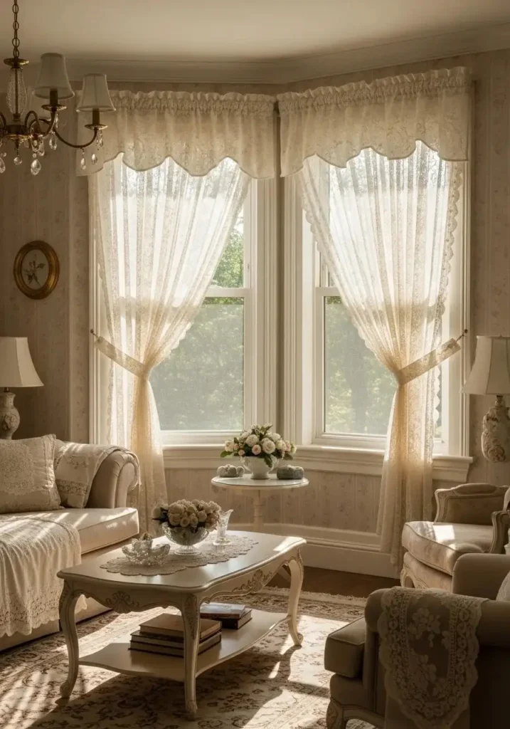 Lace curtains softening a vintage style living room