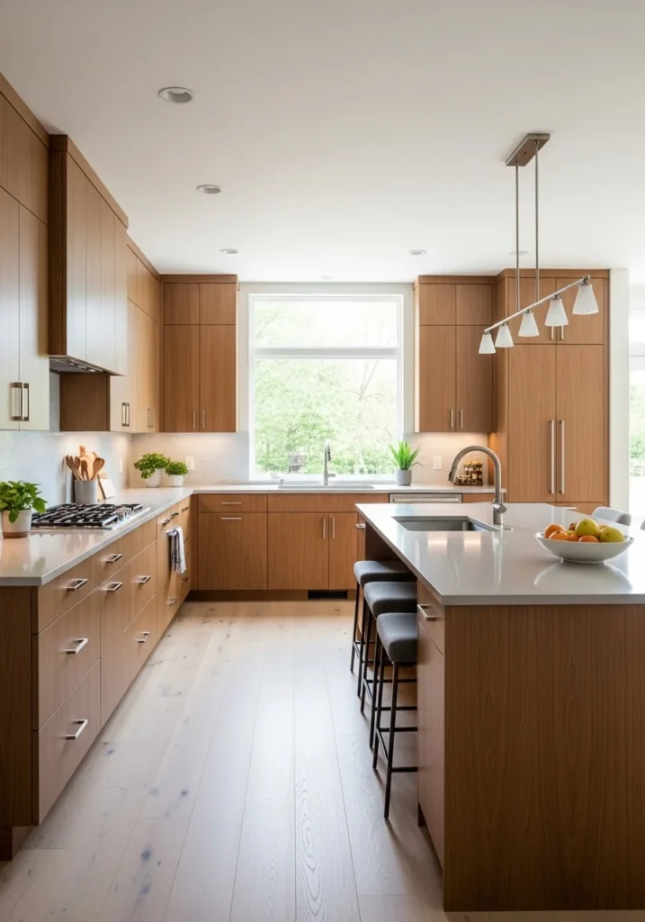 Sleek modern kitchen featuring flat-front wood cabinets and minimalist design, balanced with warm wood textures.