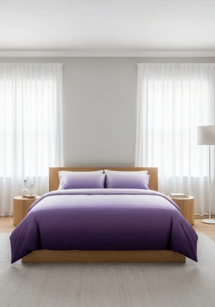 Ombre purple bedding in bedroom creating visual depth from light lavender to deep violet