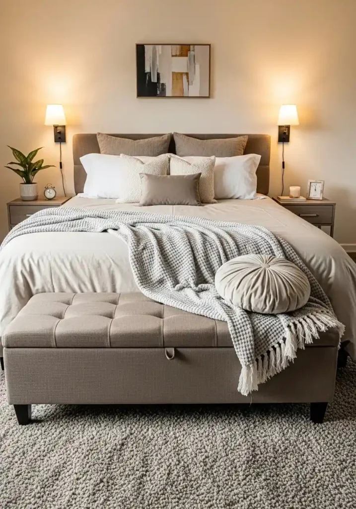 Taupe upholstered bench in a stylish neutral bedroom setup